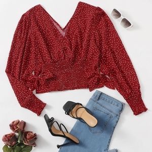 POLKA DOT SURPLICE FRONT SHIRRED CROP TOP | SHEIN